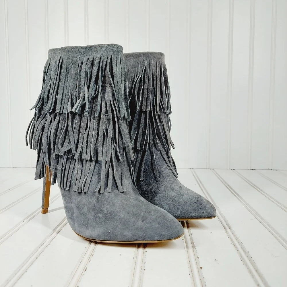 Steve Madden Flapper Gray Fringe Suede High Heeled Ankle Boots A999 - Picture 4 of 11